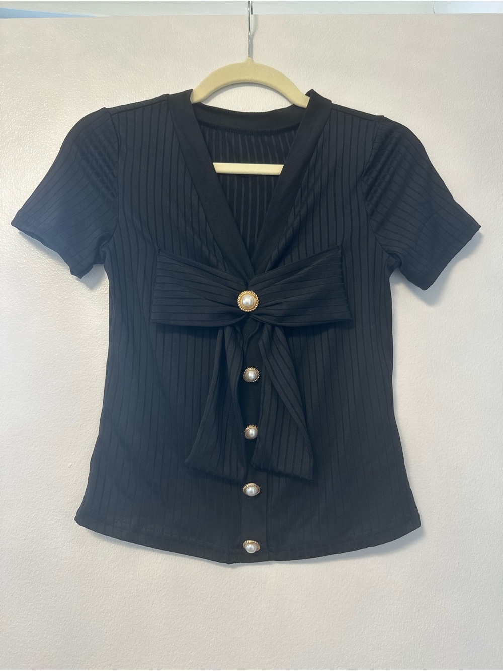 Black Ribbed Short-Sleeve Bow Front Top with Pearl Buttons